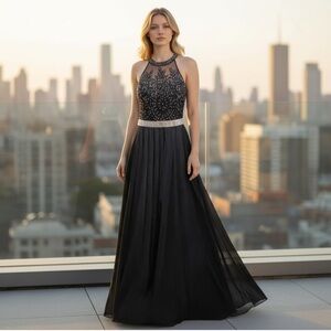 City Vibe Dark Navy Blue Ballgown with Halter Neckline Strappy Back